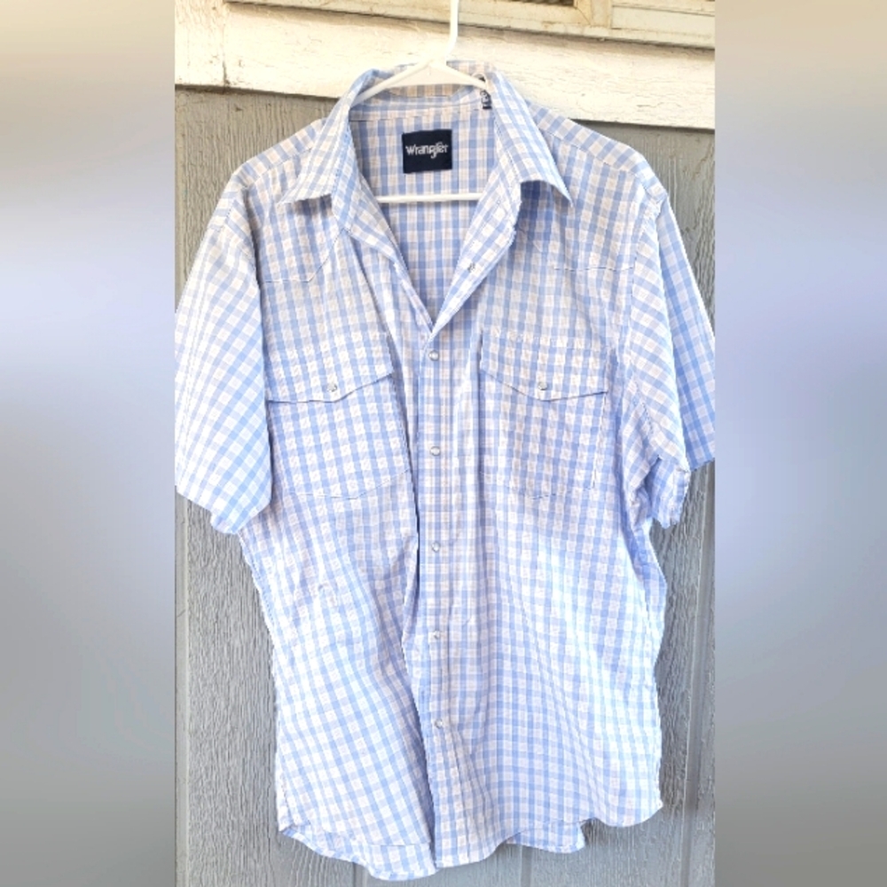 Wrangler Men Button Up Shirt XL Blue Plaid‎ Western Pearl Snap Short Sleeve